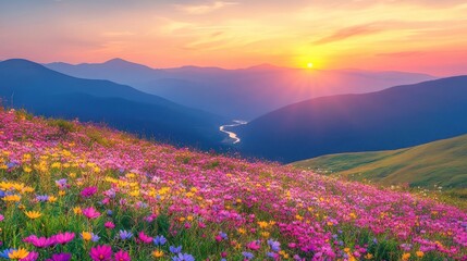 Vibrant sunset over a field of wildflowers and mountains.