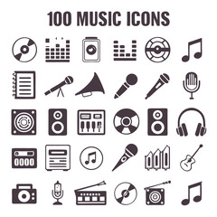 Fototapeta premium Music Icon Set – Bold Filled Silhouette Icons Featuring Instruments, Notes, Audio Equipment & Playback Controls