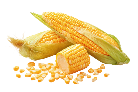 Whole sweet-corn ear with husk removed isolated on transparent background elevates farm-to-table meal-kit art