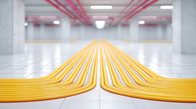 Industrial Piping System  Yellow Pipes  Factory Floor  Clean Design