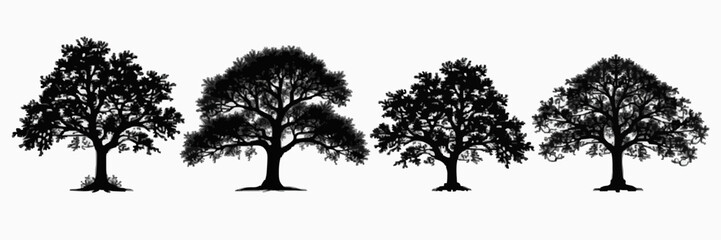 Set of 4 tree silhouettes, ideal for nature and landscape designs. Perfect for forest, environmental, and outdoor projects. High-quality vector art suited for logos, prints, and decor. Minimalist blac