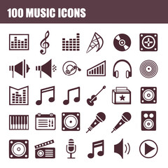 Obraz premium Music Icon Set – Bold Filled Silhouette Icons of Instruments, Notes, Audio Equipment & Playback Controls
