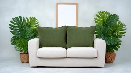 Cozy Minimalist Living Room  White Sofa  Green Pillows  Plants  Frame