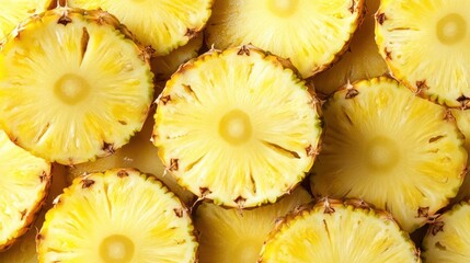 Pineapple slices, top-down view, vibrant yellow, fruit texture.