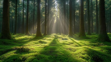 Fototapeta premium Sunlit forest, mossy ground, ethereal light, peaceful scene.