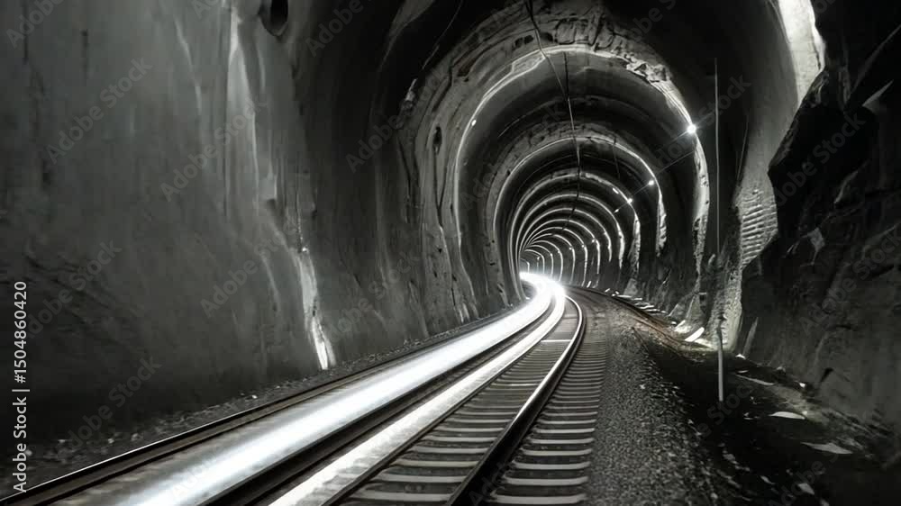 Aufkleber journey through underground railway tunnel captivating curved tracks illuminated by soft lights, cre