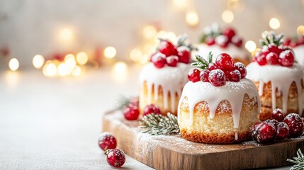 Christmas Mini Cakes with White Glaze and Red Berries on Wooden Board Festive Holiday Dessert Scene