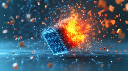 Burning, digital cube explodes in fiery fragments