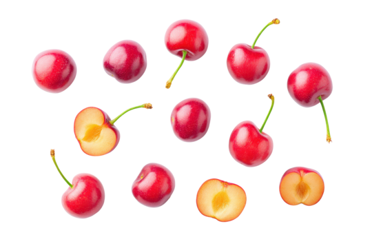 Arranged yellow-cherry slices on transparent background ideal for sorbet packaging patterns and cocktail garnish charts