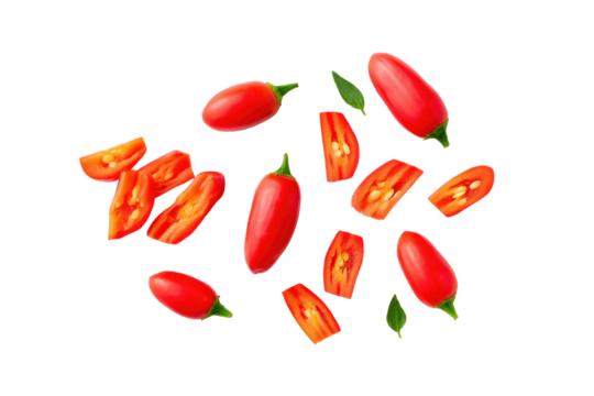 Row of red-chili rings on transparent background ideal for pizza-menu topping charts and ramen-garnish graphics