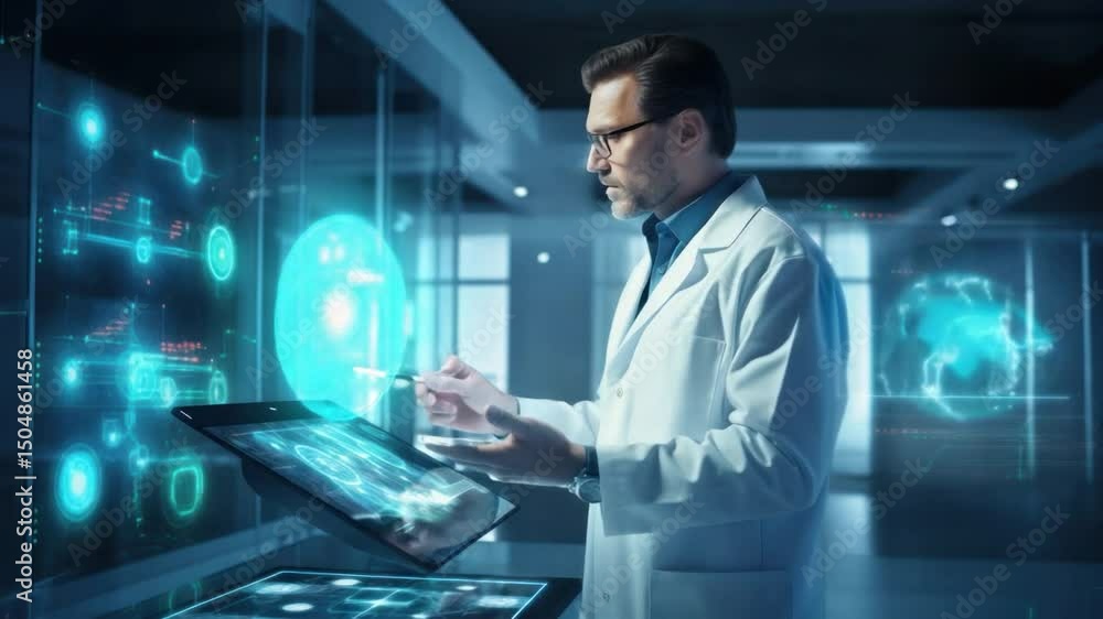 Aufkleber scientist in futuristic laboratory: a focused scientist in a white lab coat utilizes high-tech equip