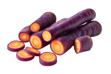 Neatly sliced purple-carrot coins on transparent background ideal for salad-kit charts and veggie-chip packaging graphics
