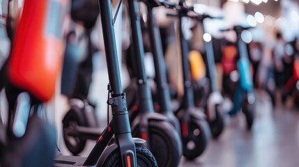 Collection of electric scooters parked in urban environment with shallow focus