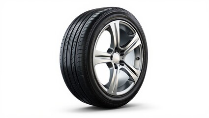 Obraz premium Studio Shot of a High Performance Car Tire and Rim on a White Background with Subtle Shadowing for Product Placement