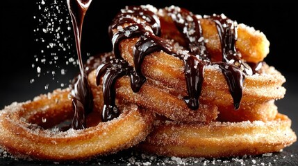 Churros with chocolate sauce and sugar, delicious dessert.