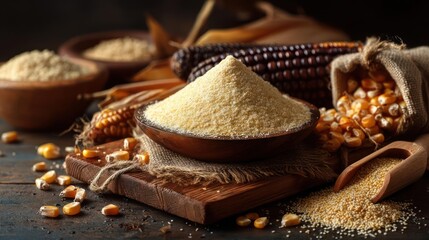 Fototapeta premium Corn meal in a wooden bowl, rustic still life.