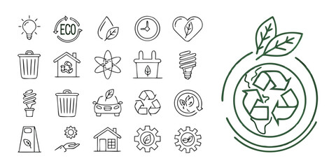 Eco & Sustainability Icon Set – Thin Line Icons for Renewable Energy, Recycling, Green Living & Environmental Protection