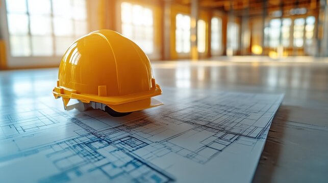 Construction hard hat on architectural blueprints in a bright construction site