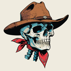 skull wearing a comic book style cowboy hat
