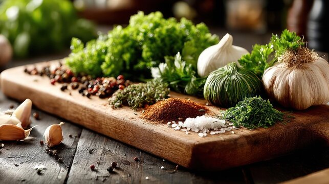 Fresh herbs and spices on a wooden cutting board.
