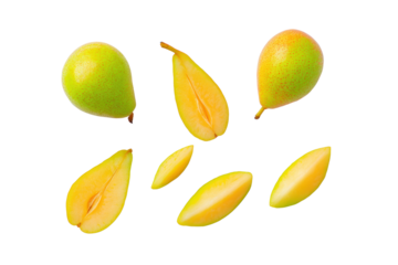 Neatly sliced pear wedges on transparent background ideal for cheese-platter charts and breakfast-bowl visuals