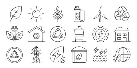 Eco & Sustainability Icon Set – Thin Line Vector Icons for Renewable Energy, Recycling & Green Living