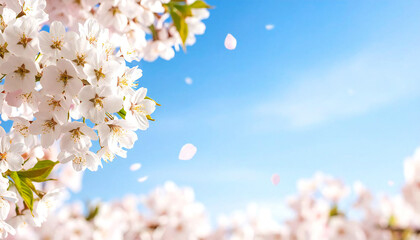 Fototapeta premium 満開の桜。桜の花びらが舞う。背景は青空が広がる。Cherry blossoms in full bloom. Cherry blossom petals are falling. The background is a clear blue sky.