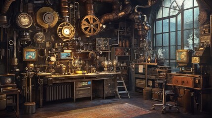 Intricate Steampunk Laboratory Interior with Complex Machinery and Victorian Aesthetics