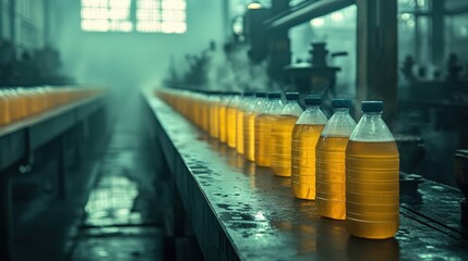 Industrial production of bottled liquid in manufacturing environment showcasing assembly line process and vibrant hues