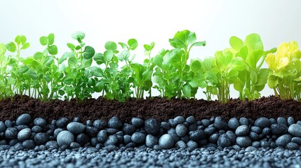 Vibrant green seedlings growing in rich soil with pebbles, showcasing growth and nature's beauty