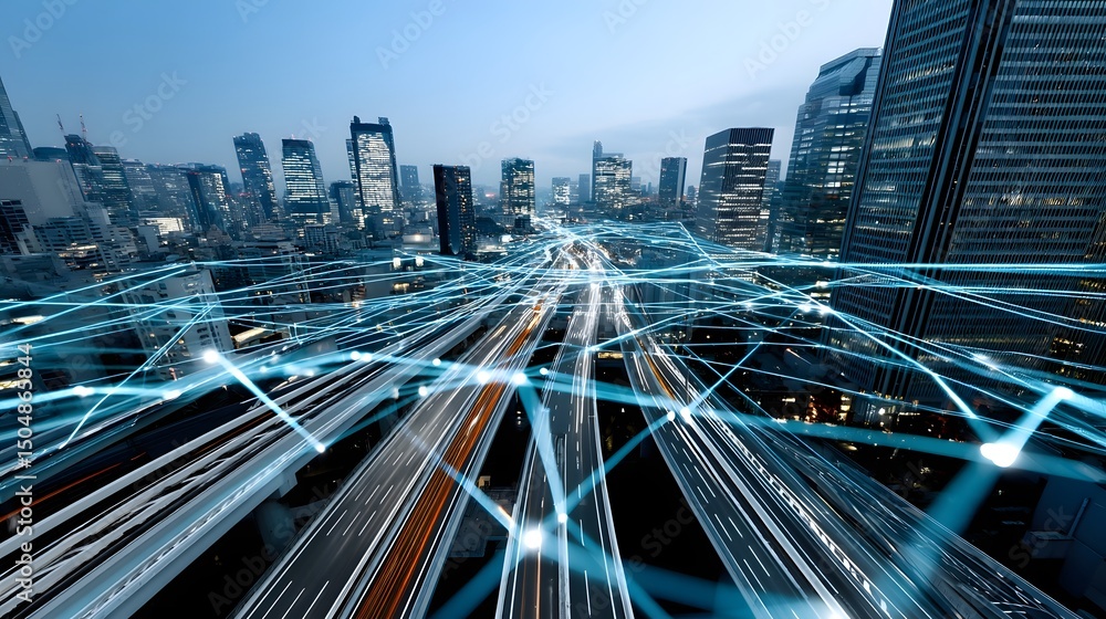Poster futuristic cityscape with data streams symbolizing smart city analytics