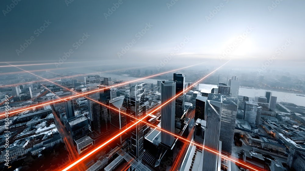 Poster futuristic city with data streams and smart infrastructure