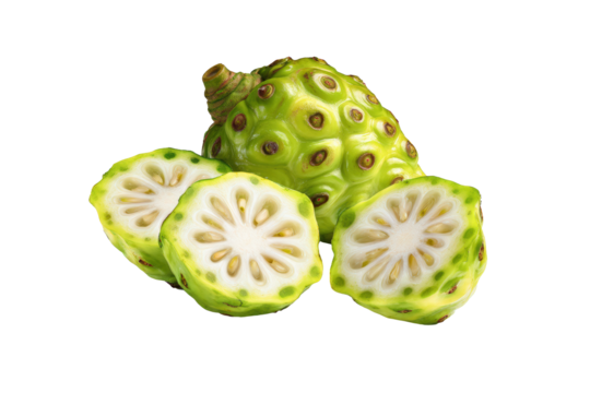 Arranged green-noni slices on transparent background suitable for probiotic-drink label backdrops