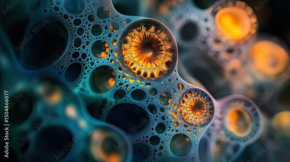 Poster abstract cellular fractal with glowing center, a mesmerizing macrocosm texture
