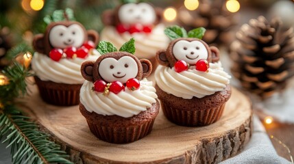 Monkey-Shaped Mini Cakes with Red Berries and Mint on Wooden Board Christmas Dessert Scene with Bokeh Lights