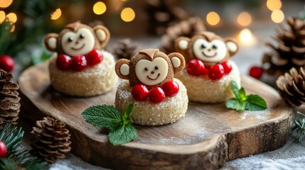 Monkey-Shaped Mini Cakes with Red Berries and Mint on Wooden Board Christmas Dessert Scene with Bokeh Lights