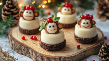 Monkey-Shaped Mini Cakes with Red Berries and Mint on Wooden Board Christmas Dessert Scene with Bokeh Lights
