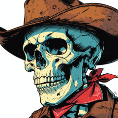 skull wearing a comic book style cowboy hat