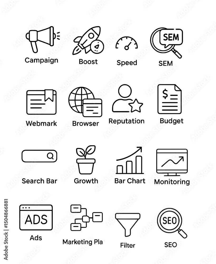 Poster set of icons for web design business seo and sem