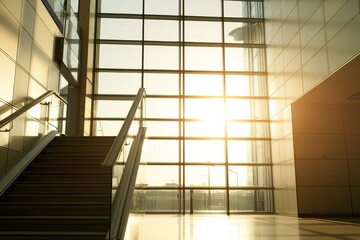Modern office interior with large windows and sunlight