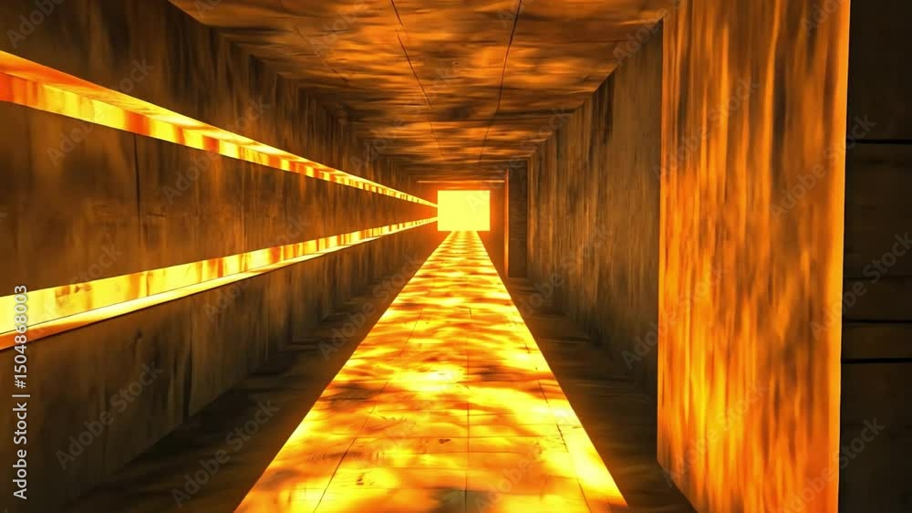 Poster surreal corridor of warm golden light textured journey through mystery and illumination towards fier