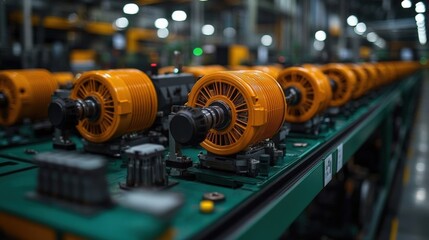 Industrial manufacturing line with electric motors on assembly conveyor