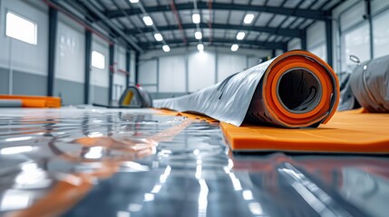 Manufacturing facility interior showcasing rolled fabric material and bright workspace environment