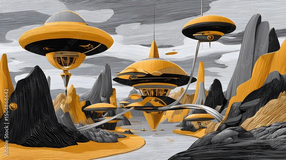 Poster surreal sci-fi landscape with floating gold structures