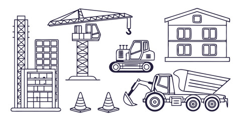 Fototapeta premium Construction & Tools Icon Set – Line Icons of Machinery, Equipment, Tools & Materials for Industrial Projects
