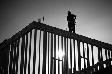 Construction worker silhouetted against the sun on a building site