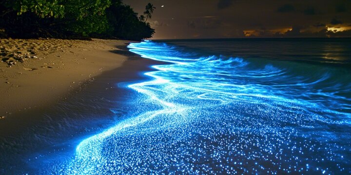 A breathtaking view of a glowing blue tide rolling in against a tropical beach backdrop
