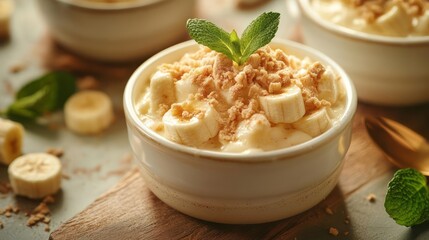 Creamy banana dessert with crumble and mint garnish.