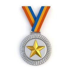 Silver medal with gold star and ribbon isolated on white background