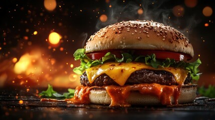 Delicious, cheesy burger with vibrant lighting and a tempting look.